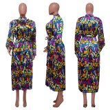 Print Long Sleeve Pleated Maxi Dress YF-10580