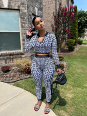 Knits Print Long Sleeve Zipper Two Piece Pants Set OLYF-6131