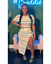 Colorful Stripe Knit Slit Skirts Two Piece Set QXTF-8209