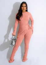 Solid Irregular Knits Ribbed Hollow Two Piece Pants Set  ME-8429