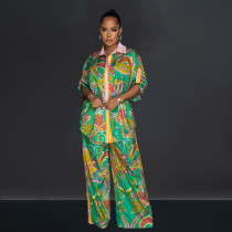 Fashion Print Short Sleeve Shirt Long Pants Two Piece Set BY-C6618