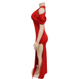 Solid V Neck Pleated Slit Maxi Dress BY-C6637