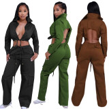 Solid Color Backless Bandage Two Piece Pants Set MEM-88509