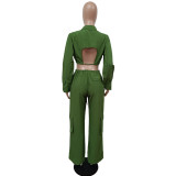 Solid Color Backless Bandage Two Piece Pants Set MEM-88509