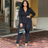 Plus Size Solid Deep V Neck Two Piece Pants Set NNWF-N7916