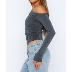 Solid Color Off Shoulder Long Sleeve Tops ASL-6695