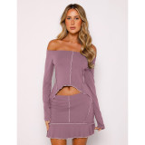 Solid Color One Shoulder Long Sleeve Skirt Suit ASL-6692