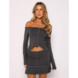 Solid Color One Shoulder Long Sleeve Skirt Suit ASL-6692