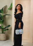 Solid Color Off Shoulder Wide Leg Pants Two Piece Set XMY-9458