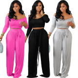 Solid Color Off Shoulder Wide Leg Pants Two Piece Set XMY-9458