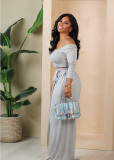 Solid Color Off Shoulder Wide Leg Pants Two Piece Set XMY-9458