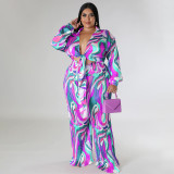 Plus Size Print Deep V Neck Tie Up Two Piece Pants Set NNWF-N7918