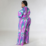Plus Size Print Deep V Neck Tie Up Two Piece Pants Set NNWF-N7918