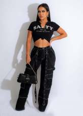 Workwear Bag Suspender Loose Casual Denim Trousers CM-8692
