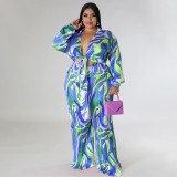 Plus Size Print Deep V Neck Tie Up Two Piece Pants Set NNWF-N7918