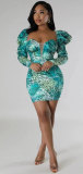Fashion Print Puffed Sleeve Slim Mini Dress XHXF-368