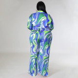 Plus Size Print Deep V Neck Tie Up Two Piece Pants Set NNWF-N7918