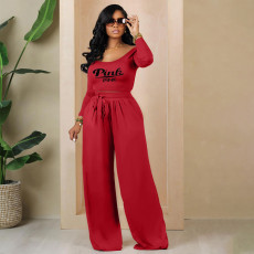 Plus Size PINK Letter Print Knit Tie Up Loose Two Piece Pants Set YIM-361