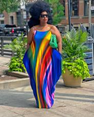 Plus Size Colorful Print Loose Sling Maxi Dress FNN-8719