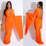 Solid Color One Shoulder Long Sleeve Backless Maxi Dress BY-6649