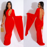 Solid Color One Shoulder Long Sleeve Backless Maxi Dress BY-6649