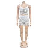 Solid Sexy Lace Sleeveless Shorts Two Piece Set BY-6658