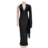 Solid Color One Shoulder Long Sleeve Backless Maxi Dress BY-6649