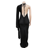 Solid Color One Shoulder Long Sleeve Backless Maxi Dress BY-6649