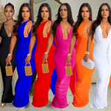 Solid Color One Shoulder Long Sleeve Backless Maxi Dress BY-6649