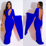 Solid Color One Shoulder Long Sleeve Backless Maxi Dress BY-6649