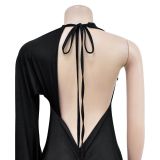 Solid Color One Shoulder Long Sleeve Backless Maxi Dress BY-6649