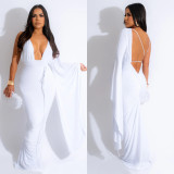 Solid Color One Shoulder Long Sleeve Backless Maxi Dress BY-6649