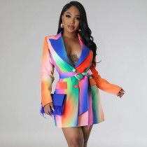 Long Sleeve Print Suit Mini Dress(With Waist Belt) BY-C6612