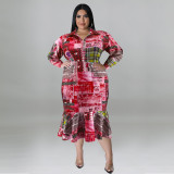 Plus Size Print Lapel Neck Midi Dress GDAM-218300