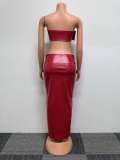 Plus Size Sexy Leather Metal Button Zipper Skirt Two Piece Set NY-2832
