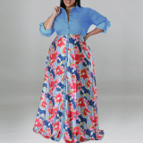 Plus Size Fashion Print Patchwork Long Sleeve Maxi Dress GDAM-218310
