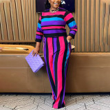 Plus Size Stripe Print Long Sleeve Pants Two Piece Set GDAM-218303