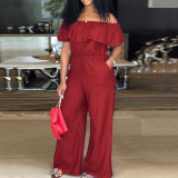 Plus Size Solid Color One Shoulder Denim Jumpsuit GDAM-218298