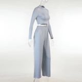 Solid Long Sleeve Crop Tops And Pants Two Piece Set FL-21290