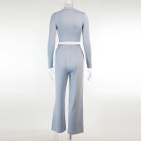 Solid Long Sleeve Crop Tops And Pants Two Piece Set FL-21290