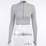 Solid Color Zipper Long Sleeve Casual Tops FL-20292