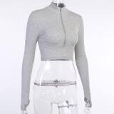 Solid Color Zipper Long Sleeve Casual Tops FL-20292