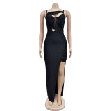 Solid Color Mesh Patchwork Hollow Out Maxi Dress BY-6653