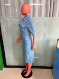 Fashion Slim Single Breasted Half Sleeve Denim Midi Dress LX-3558