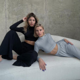 Solid Long Sleeve Crop Tops And Pants Two Piece Set FL-21290