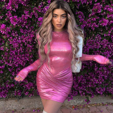 Fashion Metallic Long Sleeve Slim Mini Dress FL-23373