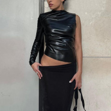 One Shoulder Long Sleeve PU Leather Skinny Top FL-23376
