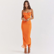 Solid Color Lace Sling Midi Dress FL-23424