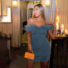 One-shoulder Furry Hem Denim Mini Dress FL-23099
