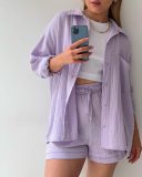 Long Sleeve Lapel Shirt Drawstring Shorts Two Piece Set GOFY-TZ2351